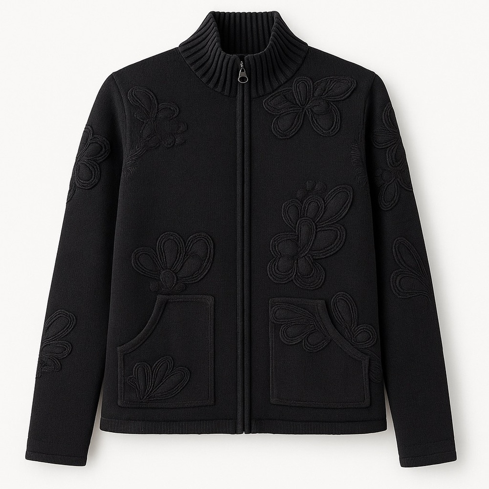 Chico’s Black Floral Embroidered Zip-Up Jacket Sweater Size S